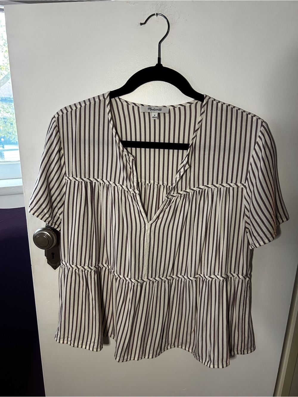 Madewell Striped V-Neck Short Sleeve Blouse